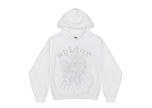 Sp5der OG Rhinestone Logo Hoodie White